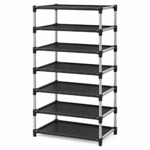 seven tier black and silver shelving unit